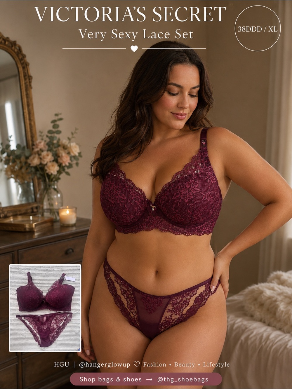 Victoria’s Secret Very Sexy Lace Bra & Panty Set Burgundy 38DDD XL NWT